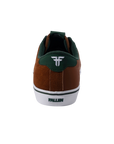 Fallen Footwear Mexico Bomber skate shoe in brown suede and green with white logo detail, rear view.