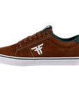 Fallen Footwear Mexico Bomber skate shoe in brown suede with green accents, white vulcanized sole, and logo detail.