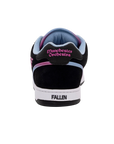 Fallen Footwear Mexico Pawn x Manchester Orchestra skate shoe, black suede with pink and blue gradient heel detail.