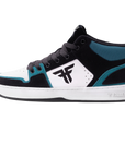 Fallen Footwear Mexico The Decade mid-top skate shoe in black, white, and emerald green with suede and mesh panels.