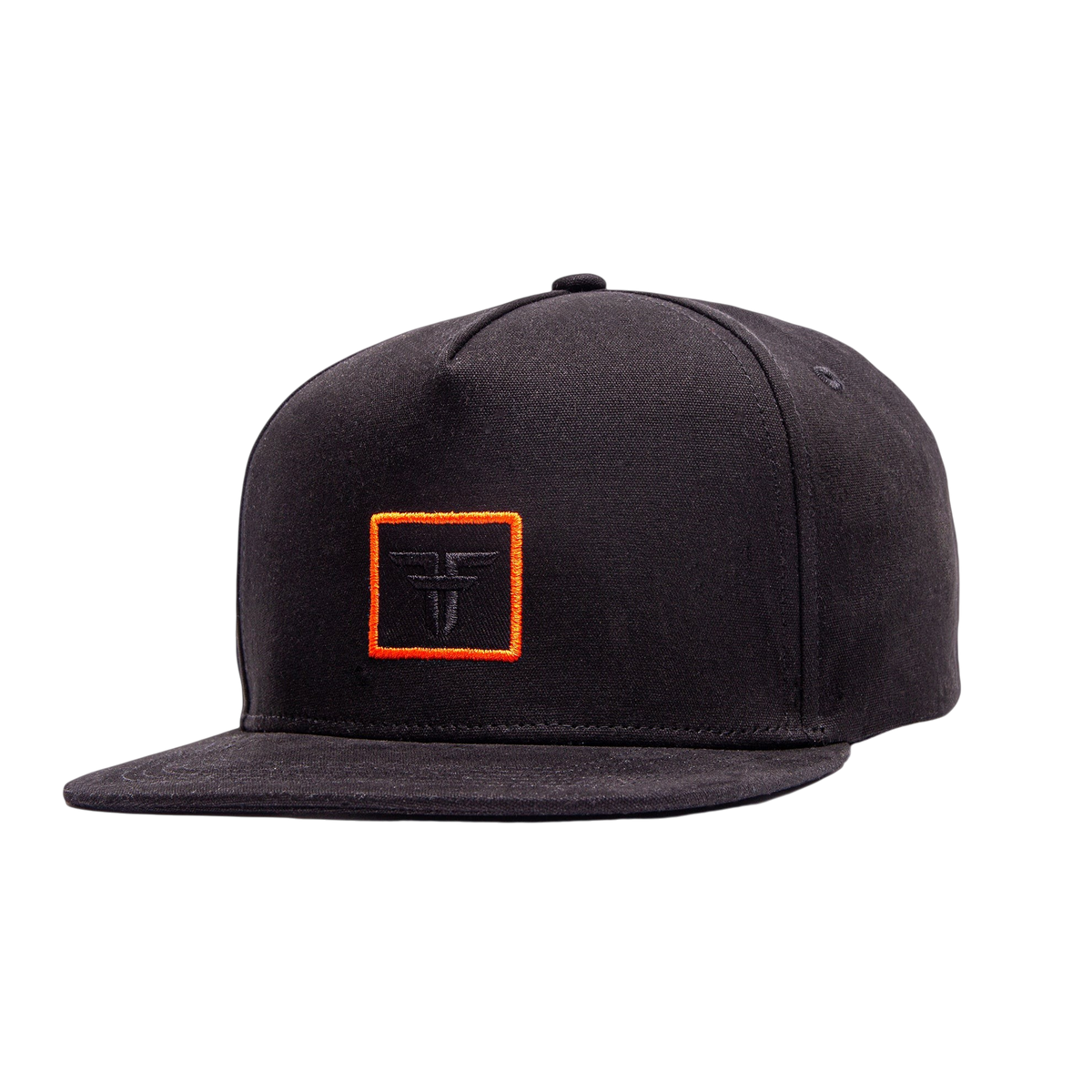 Fallen Footwear Mexico black flat brim cap with an orange embroidered square logo patch on the front
