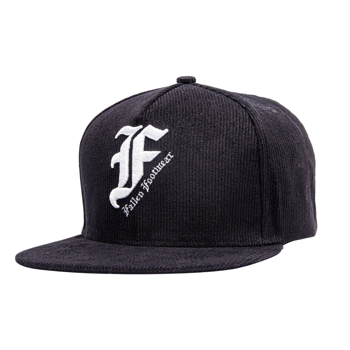 Fallen Footwear Mexico black corduroy flat brim cap with white gothic F logo embroidery