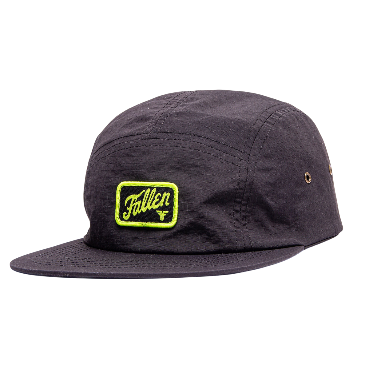 Fallen Footwear Mexico black 5-panel hat with a lime green embroidered logo patch on the front