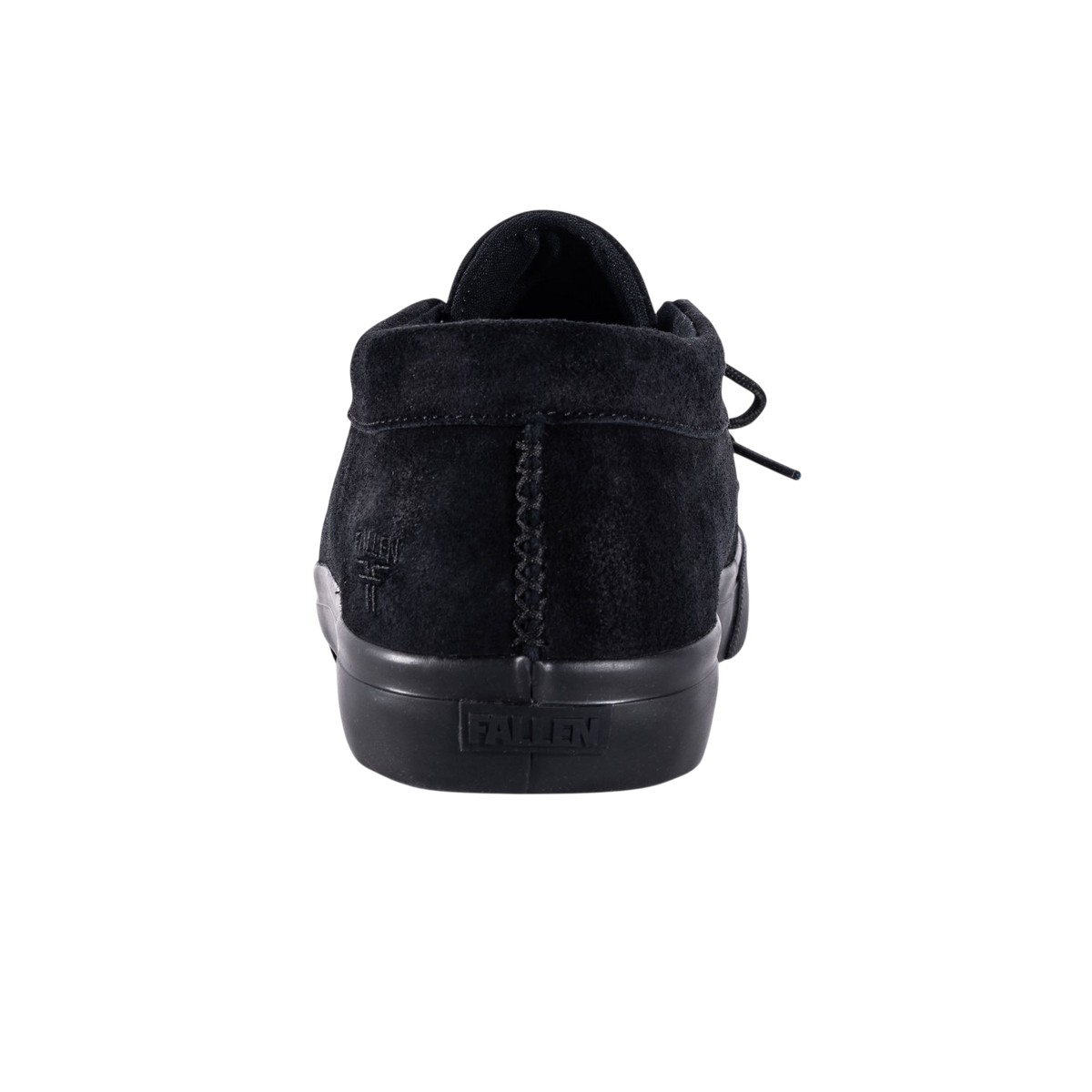 Fallen Footwear Mexico Apache Tommy Sandoval black suede vulcanized skate shoe, rear view showing branded heel sole.
