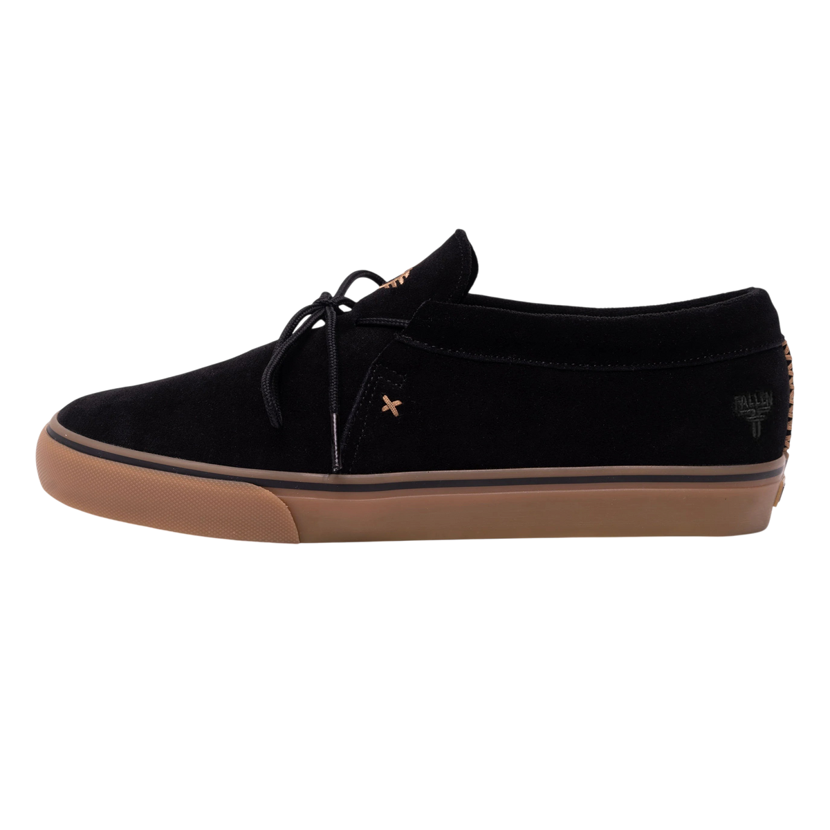 Fallen Footwear Mexico Apache Tommy Sandoval skate shoe in black suede with a gum rubber sole and side logo detail.