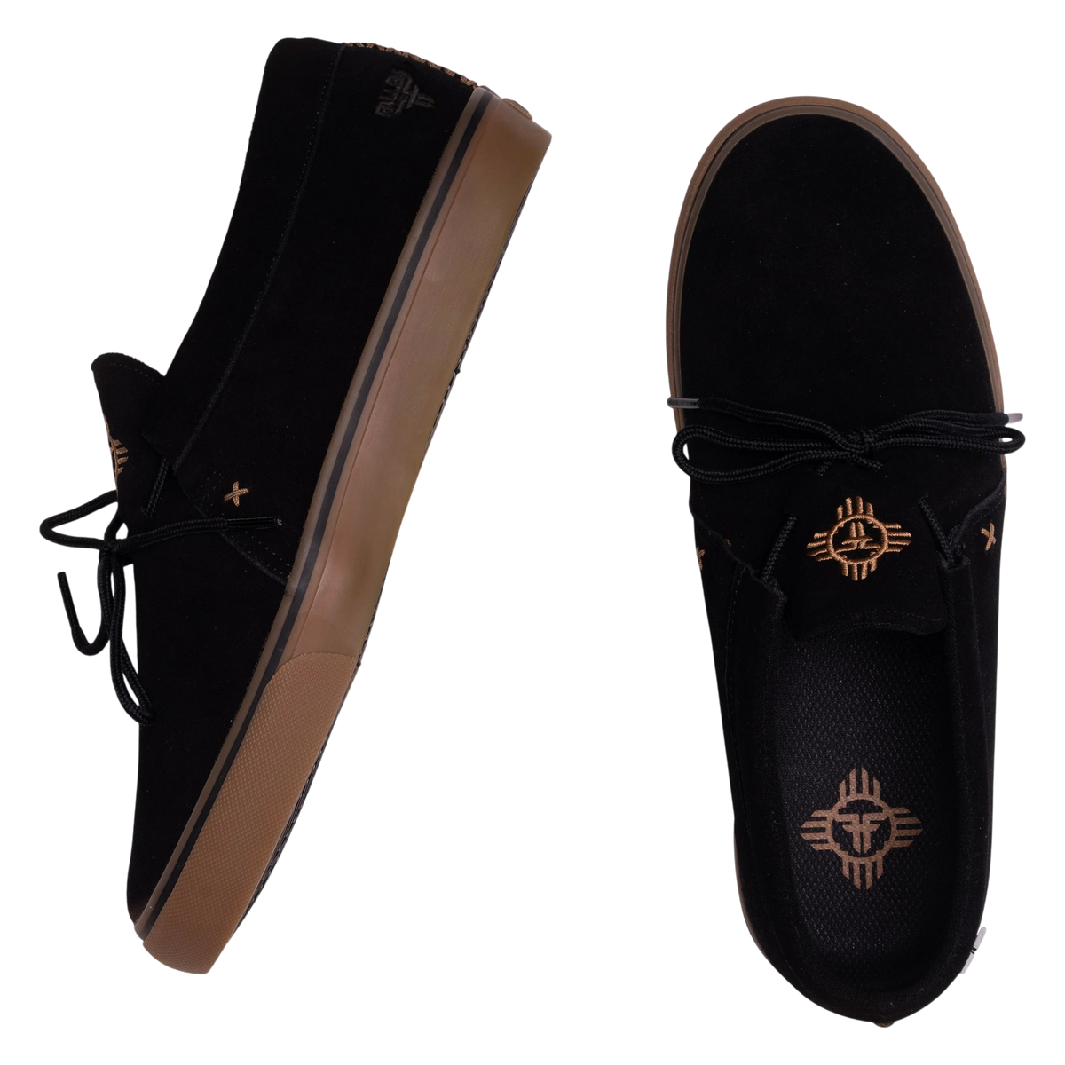 Fallen Footwear Mexico Apache Tommy Sandoval skate shoes in black suede with gum soles and embroidered logo details.