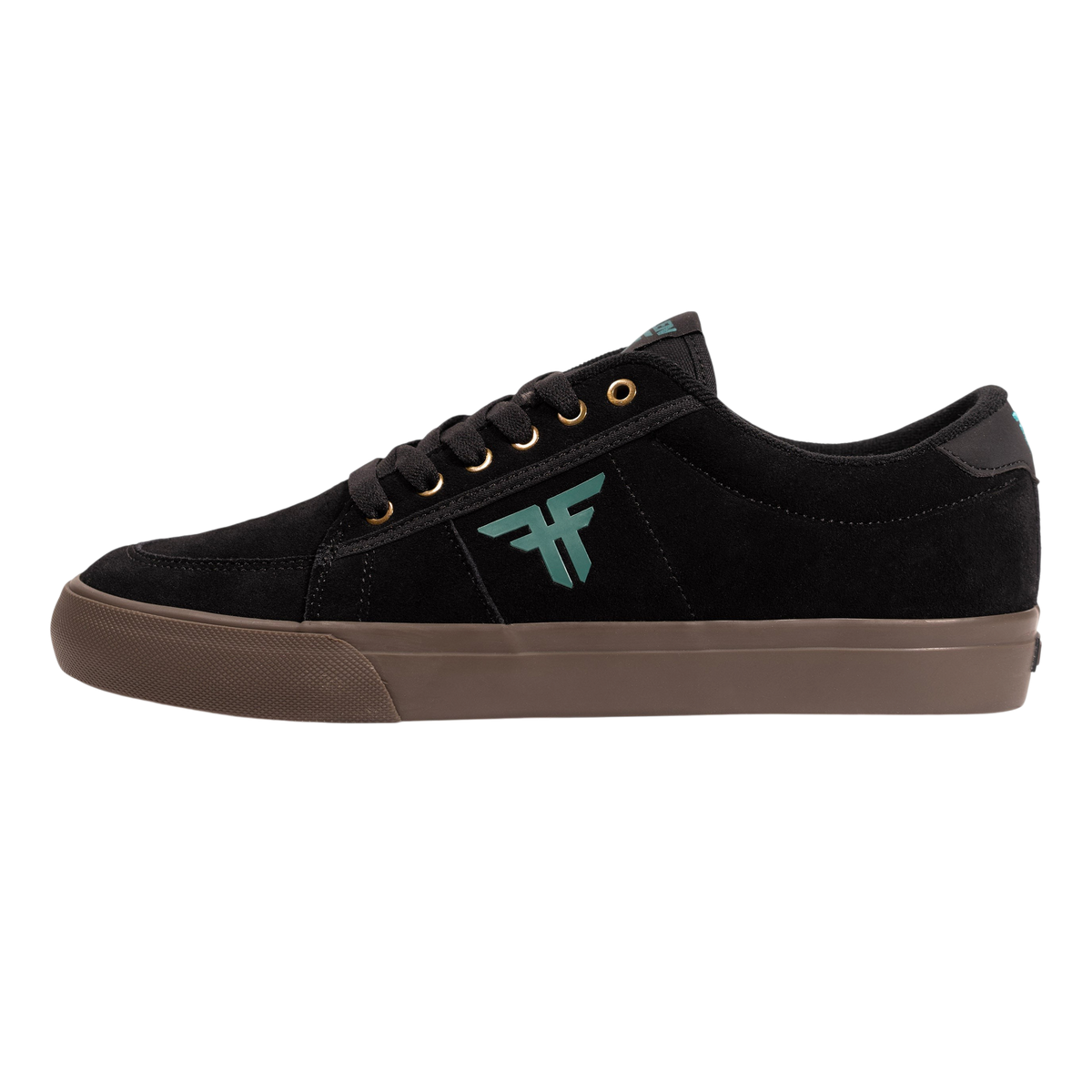 Fallen Footwear Mexico Bomber skate shoe in black suede with teal logo accents and a dark gum rubber sole.