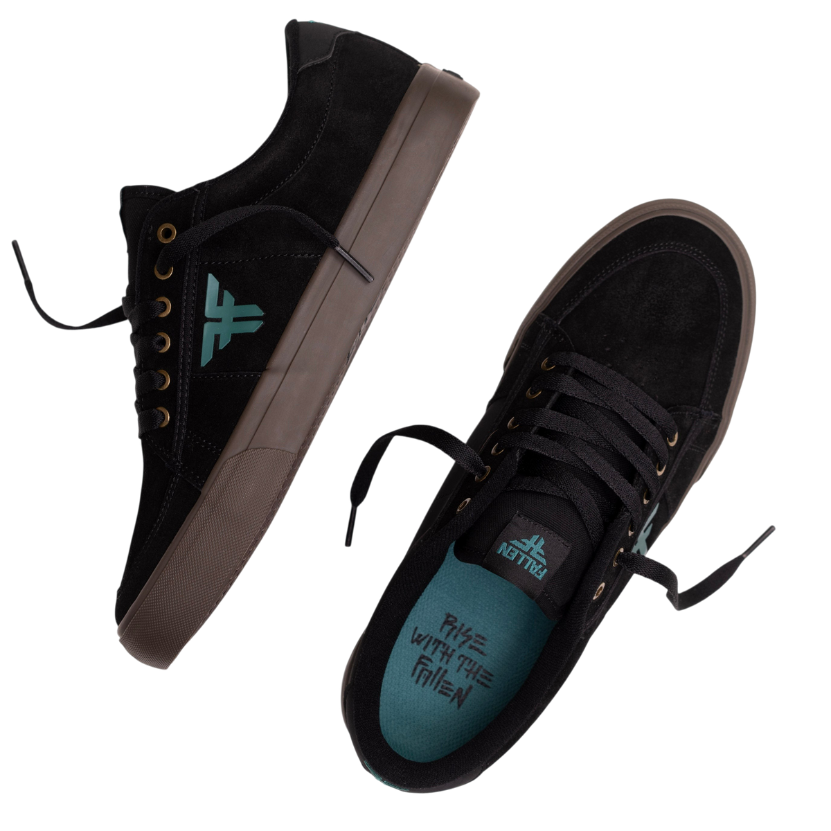 Fallen Footwear Mexico Bomber skate shoes in black suede with teal logo accents and dark gum rubber soles