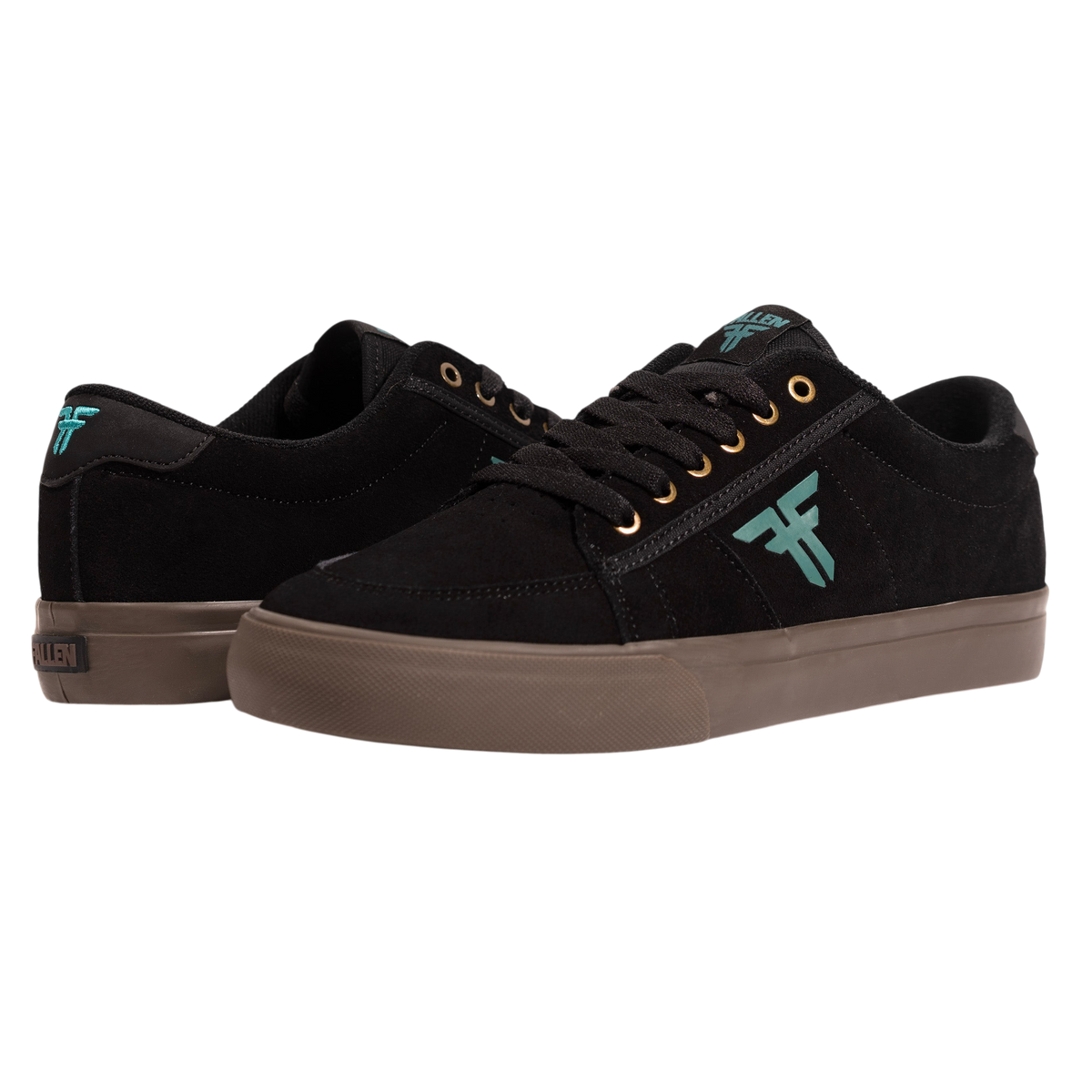 Fallen Footwear Mexico Bomber skate shoes in black suede with teal logos and dark gum rubber soles.