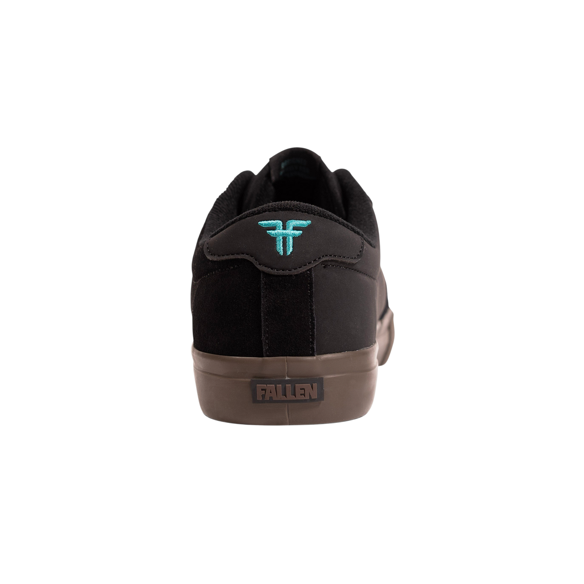 Fallen Footwear Mexico Bomber skate shoe in black with teal logo embroidery and dark gum sole, rear view