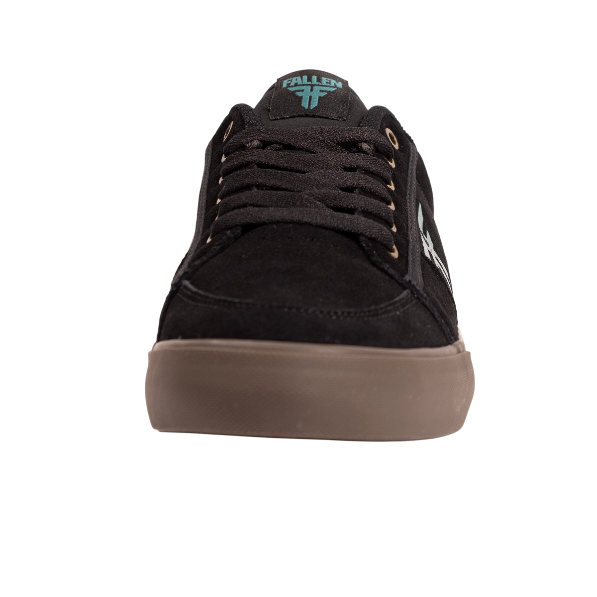Fallen Footwear Mexico Bomber skate shoe in black suede with teal logo accents and a dark gum rubber sole.