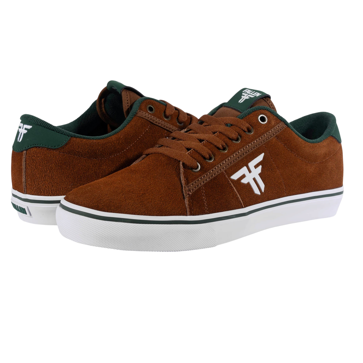 Fallen Footwear Mexico Bomber skate shoes in brown suede with green accents and white vulcanized rubber soles