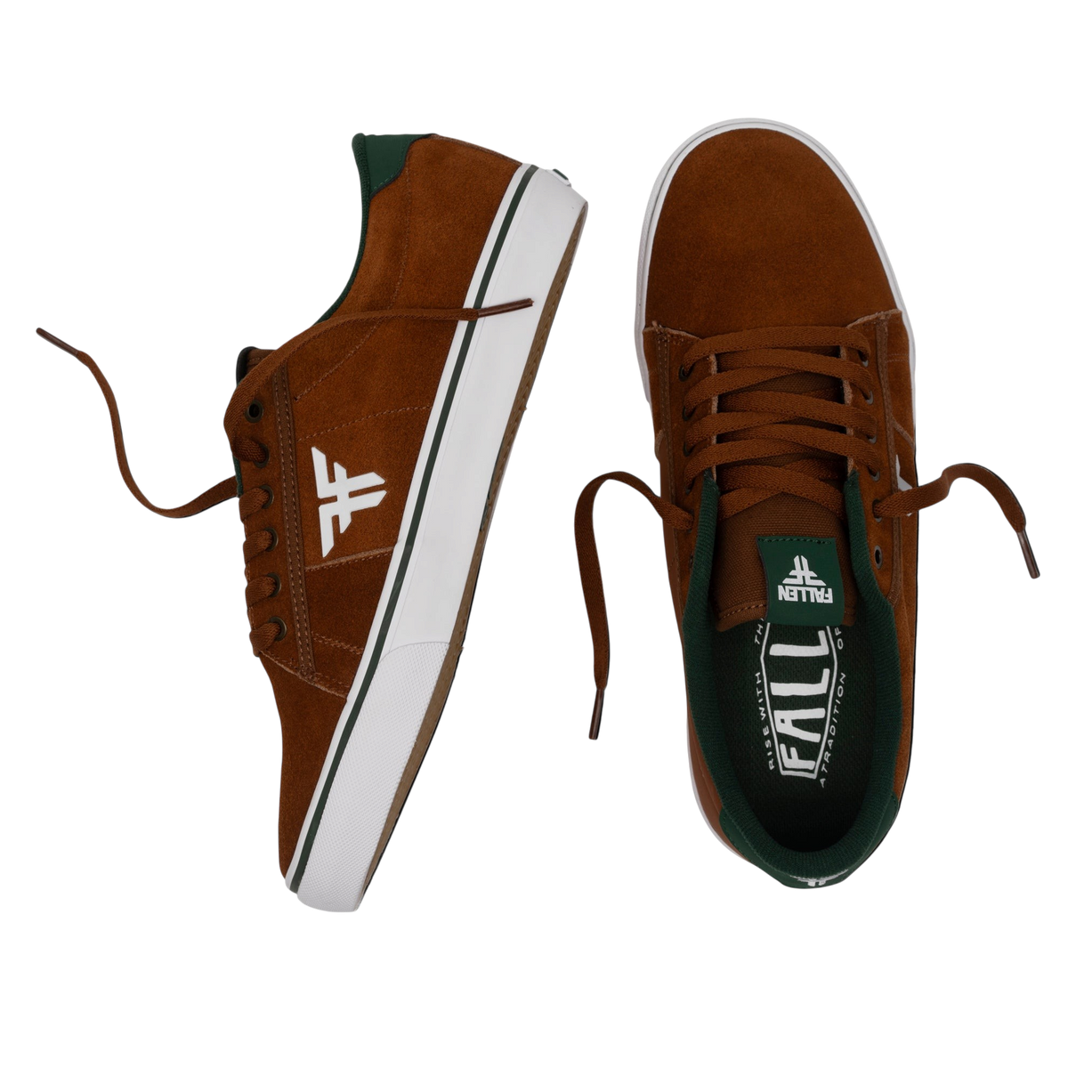 Fallen Footwear Mexico Bomber skate shoes in brown suede with green accents and white vulcanized soles
