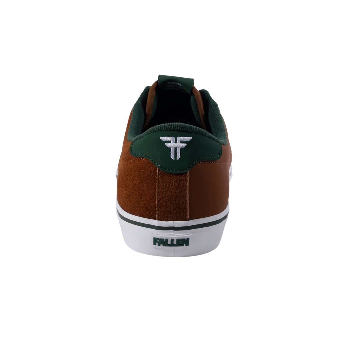Fallen Footwear Mexico Bomber skate shoe in brown suede and green with white logo detail, rear view.