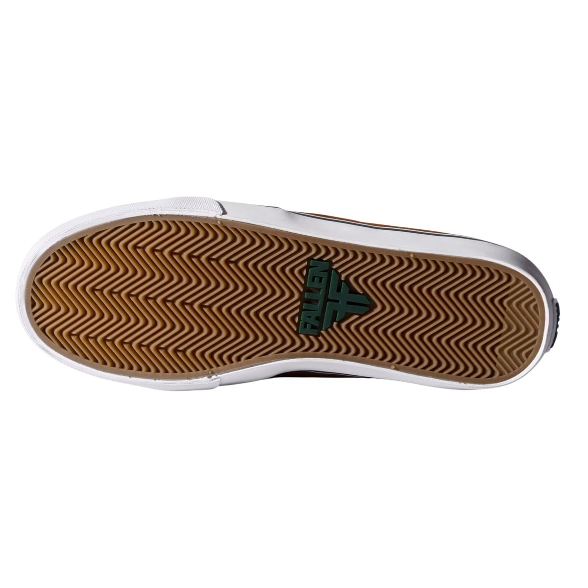 Fallen Footwear Mexico Bomber skate shoe showing the brown vulcanized rubber herringbone tread sole with logo