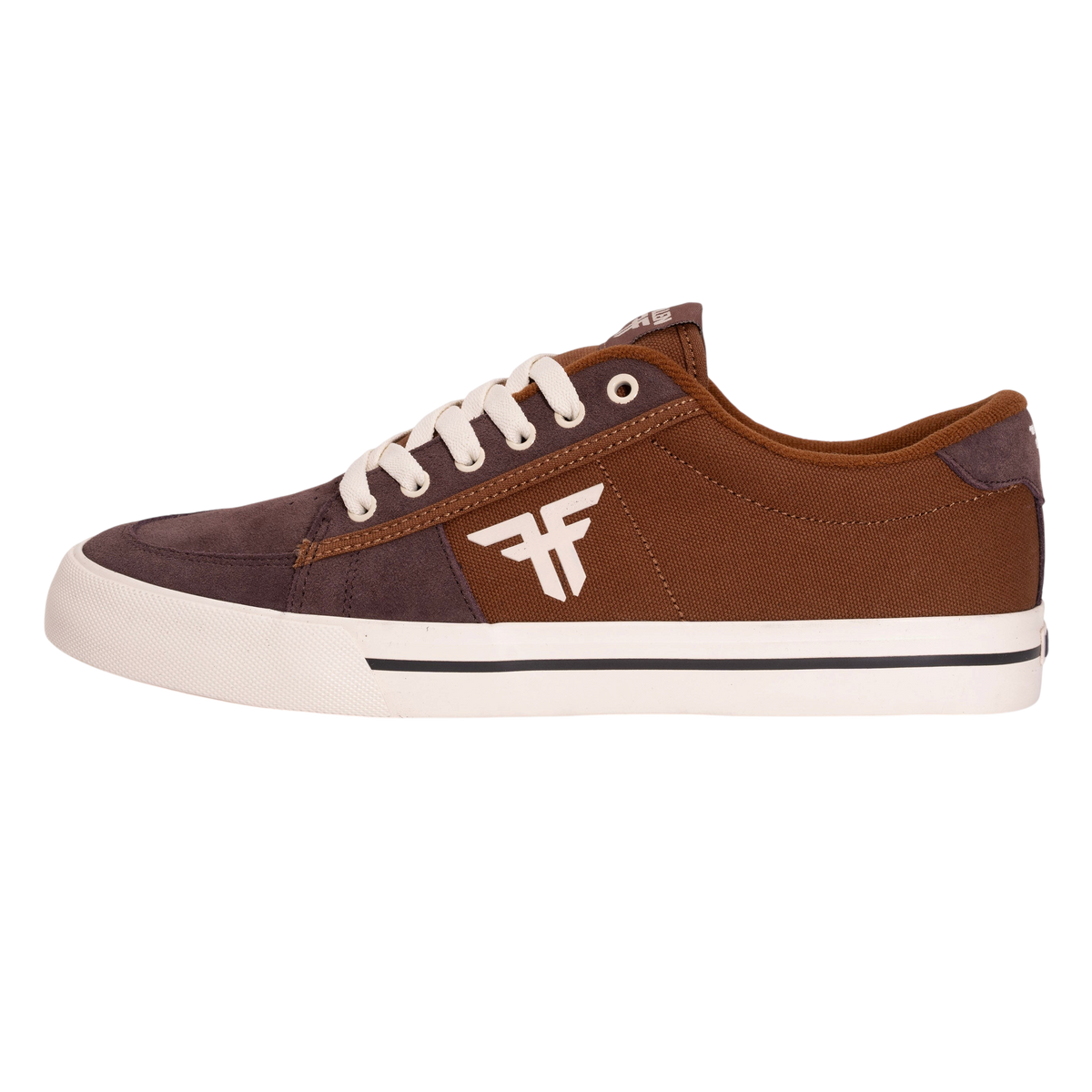 Fallen Footwear Mexico Bomber skate shoes in brown and off-white canvas and suede with white laces and logo detail.