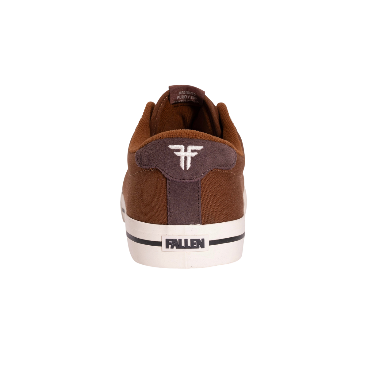 Fallen Footwear Mexico brown and off-white canvas skate shoe, rear view showing logo heel patch and rubber sole