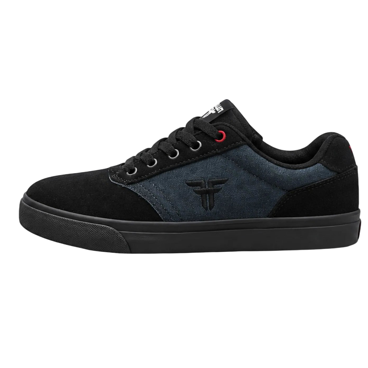 Fallen Footwear Mexico The Goat x Blood Wizard skate shoe in black suede with blue accents and red eyelet detail.