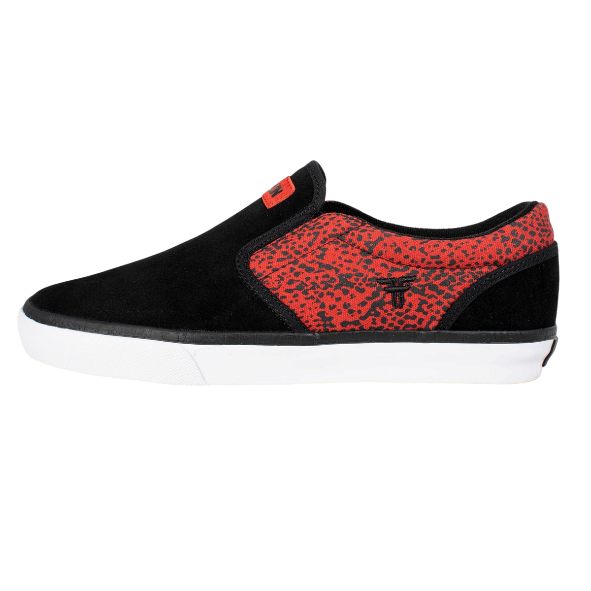 Fallen Footwear Mexico The Easy Red Speckle slip-on skate shoe in black suede and red canvas with white outsole