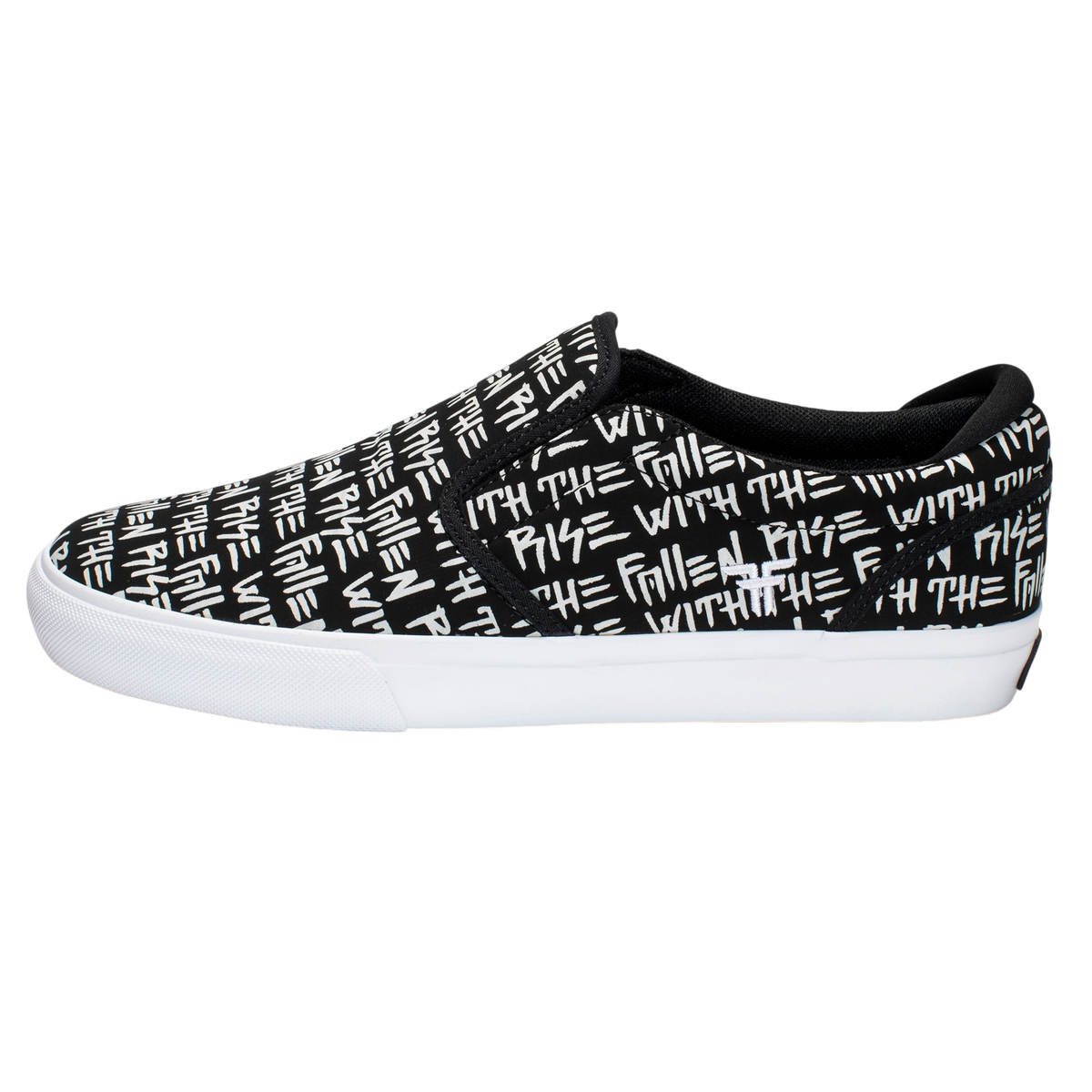 Fallen Footwear Mexico The Easy slip-on skate shoes in black canvas with white graphic print and vulcanized sole