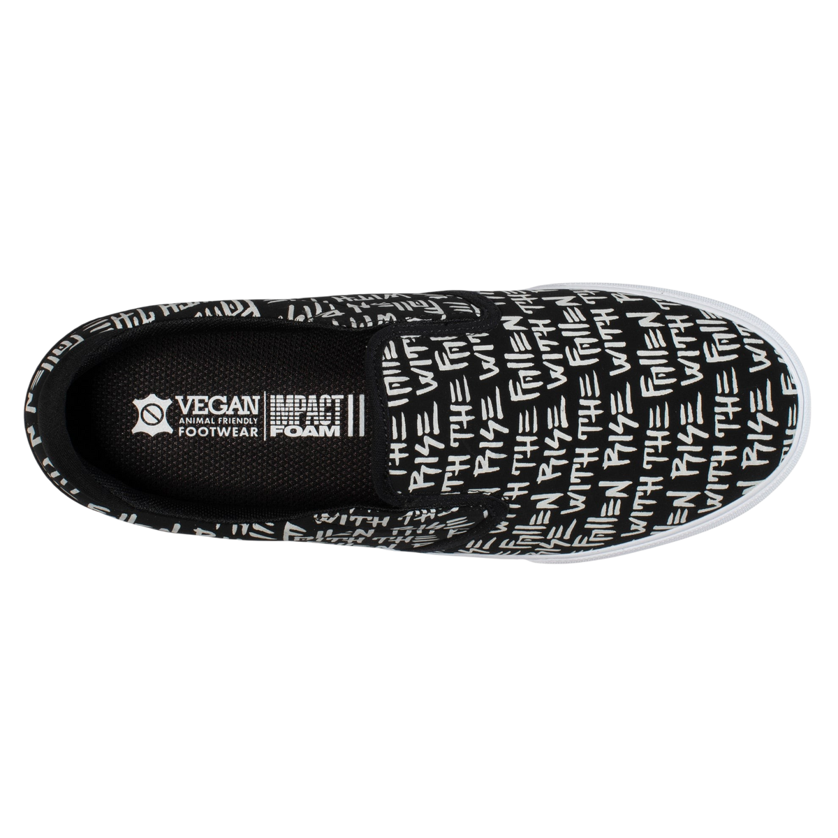Fallen Footwear Mexico The Easy slip-on skate shoe in black canvas with white graffiti-style text and impact foam