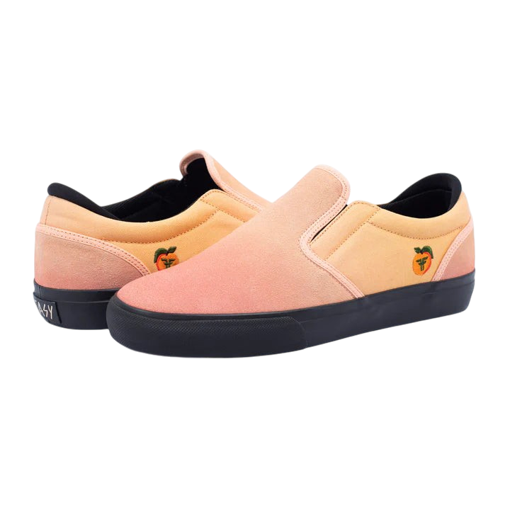 Fallen Footwear Mexico Reggie Kelly Georgia Peach slip-on skate shoes in peach nubuck and canvas with black soles.