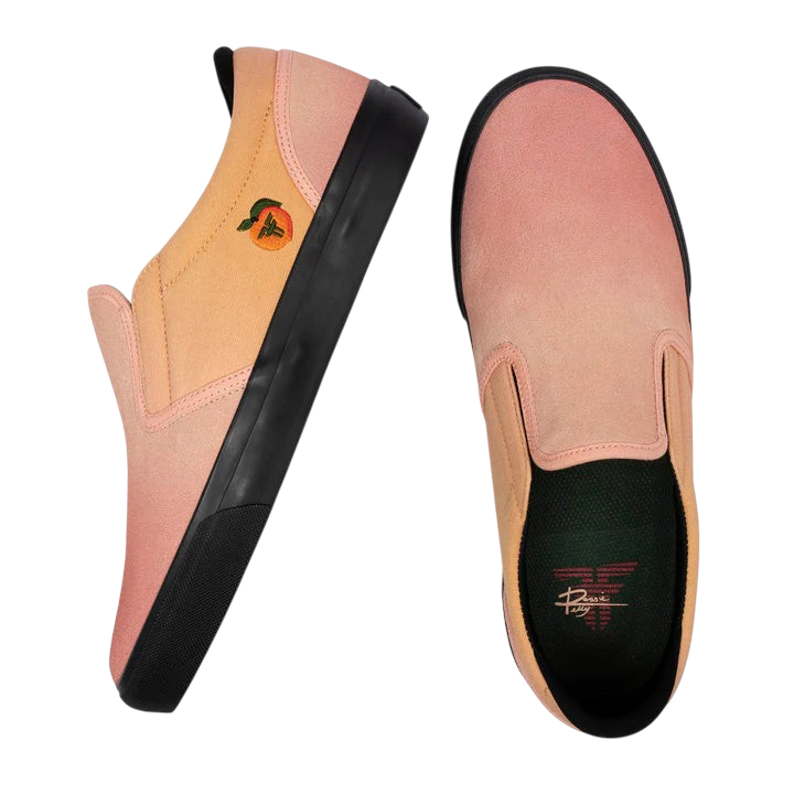 Fallen Footwear Mexico Reggie Kelly Georgia Peach slip-on skate shoes in peach nubuck and canvas with black soles.