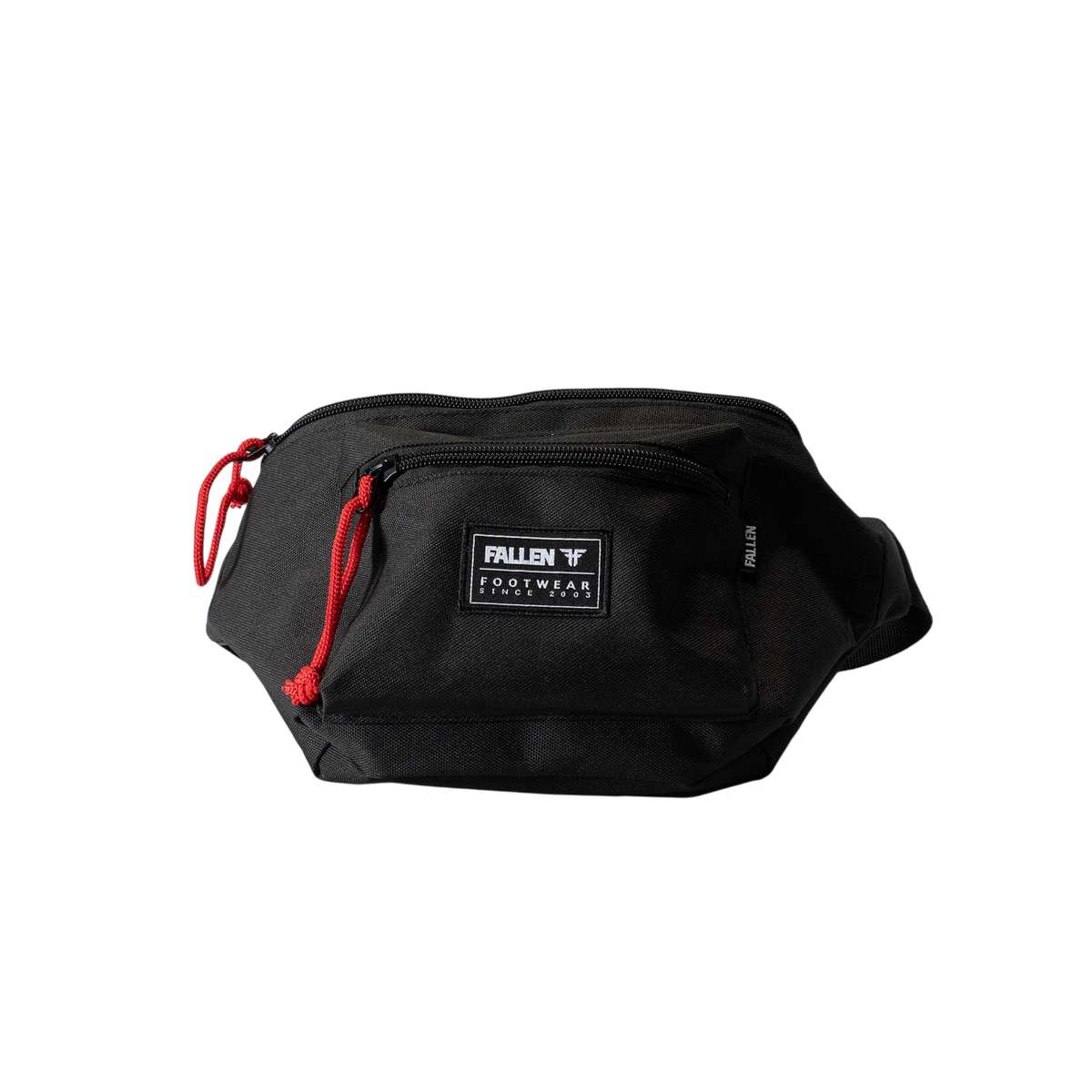 Fallen Footwear Mexico black polyester waist pack with red zipper pulls and front logo patch