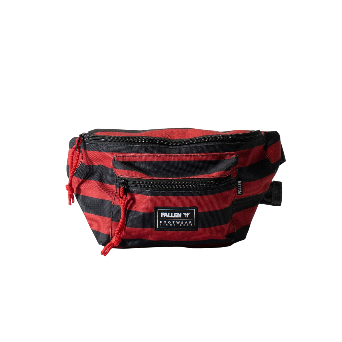 Fallen Footwear Mexico red and black striped polyester waist bag with zippered main compartment and front pocket