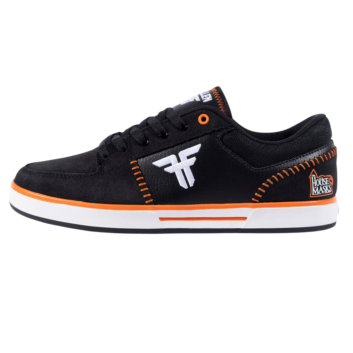 Fallen Footwear Mexico Patriot skate shoes in black suede with orange stitching and white cupsole details.