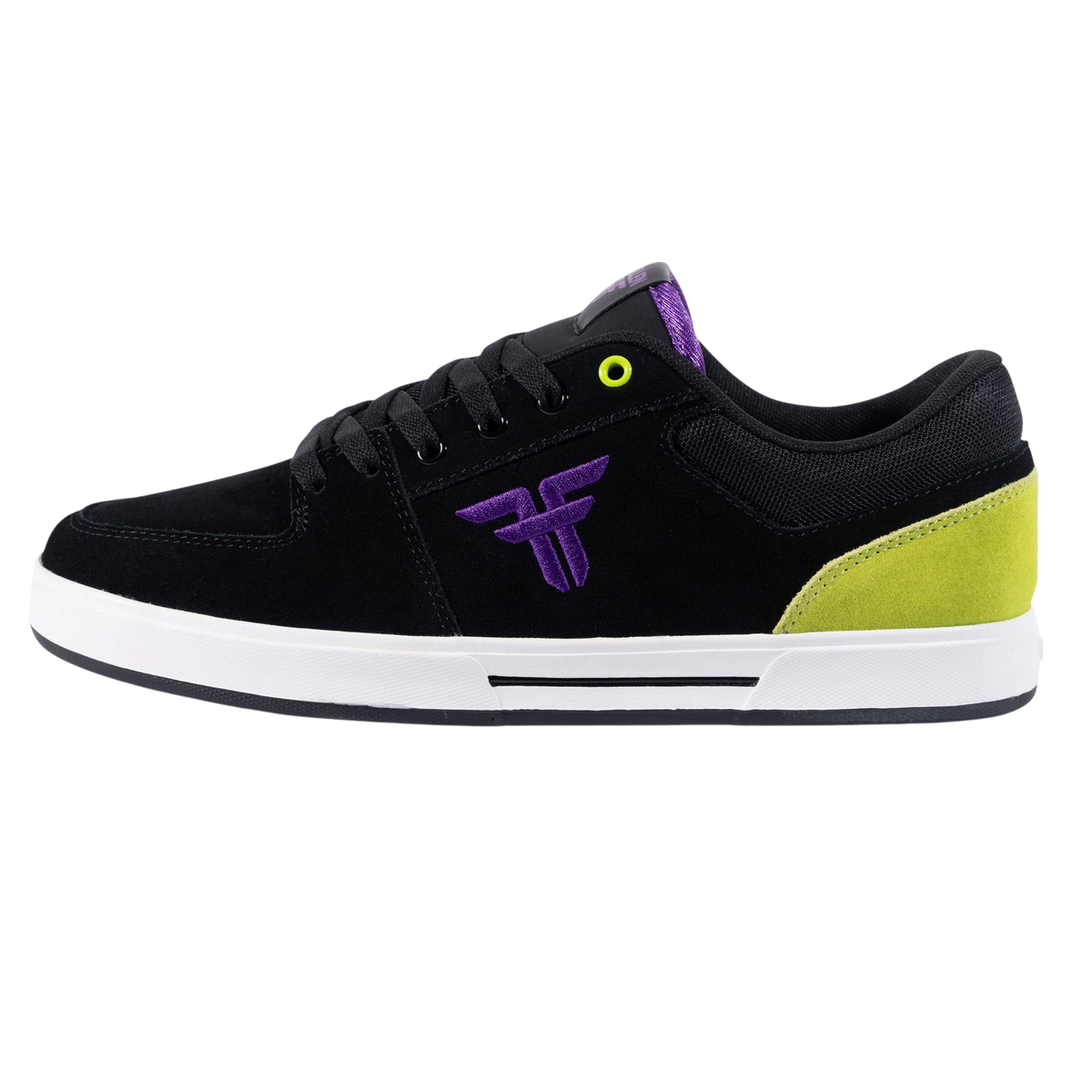 Fallen Footwear Mexico Patriot skate shoes in black suede with purple logo and lime green heel panel