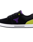 Fallen Footwear Mexico Patriot skate shoes in black suede with purple logo and lime green heel panel