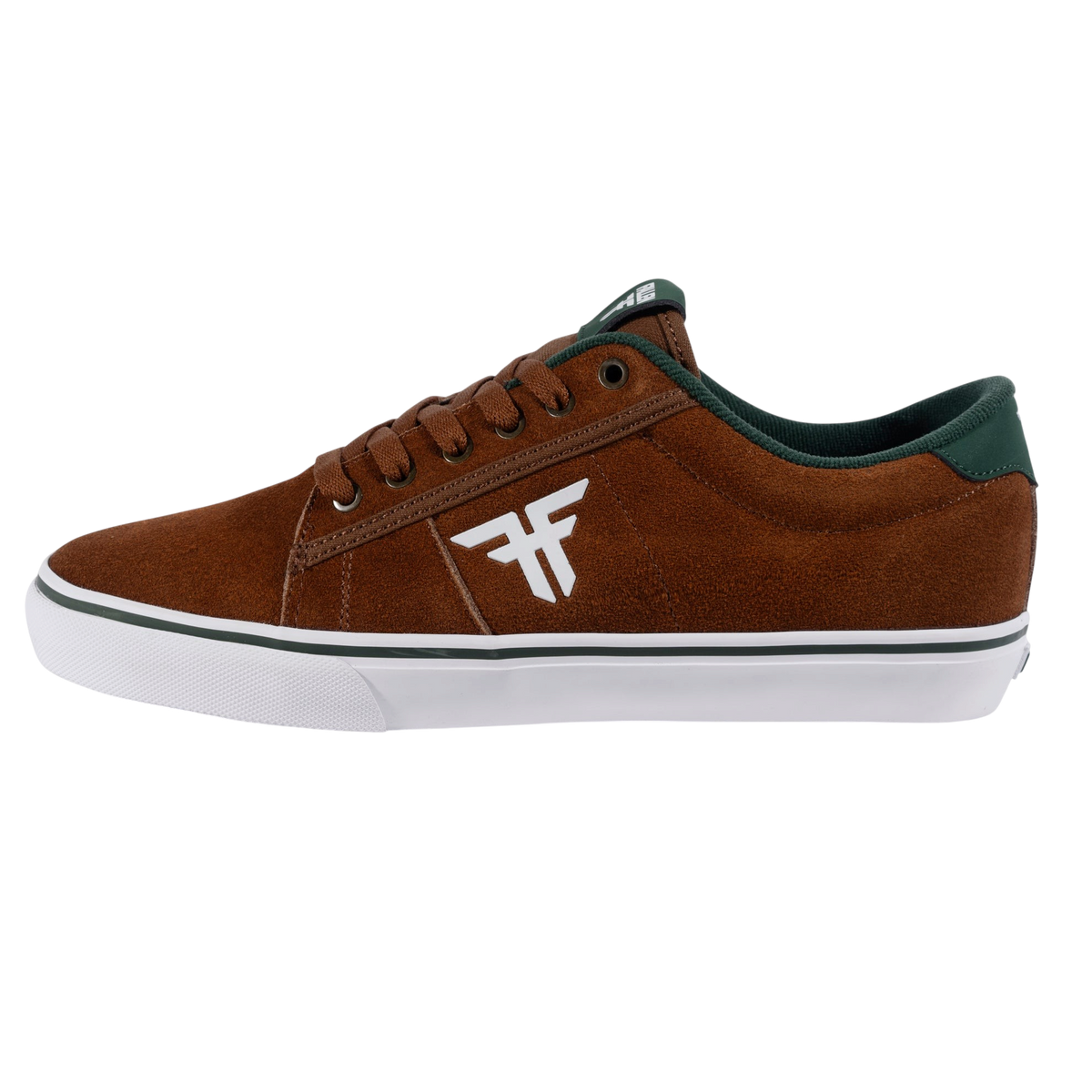 Fallen Footwear Mexico Bomber skate shoe in brown suede with green accents, white vulcanized sole, and logo detail.