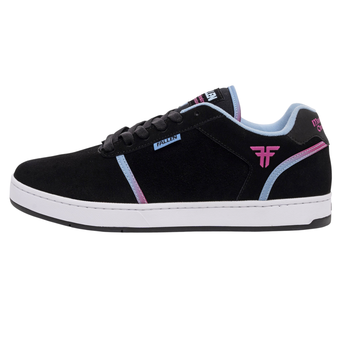 Fallen Footwear Mexico The Pawn skate shoe in black suede with gradient accents and pink logo detailing