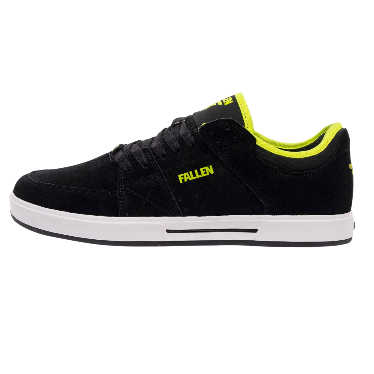 Fallen Footwear Mexico Trooper skate shoes in black suede with lime green accents and a durable white cup-sole.