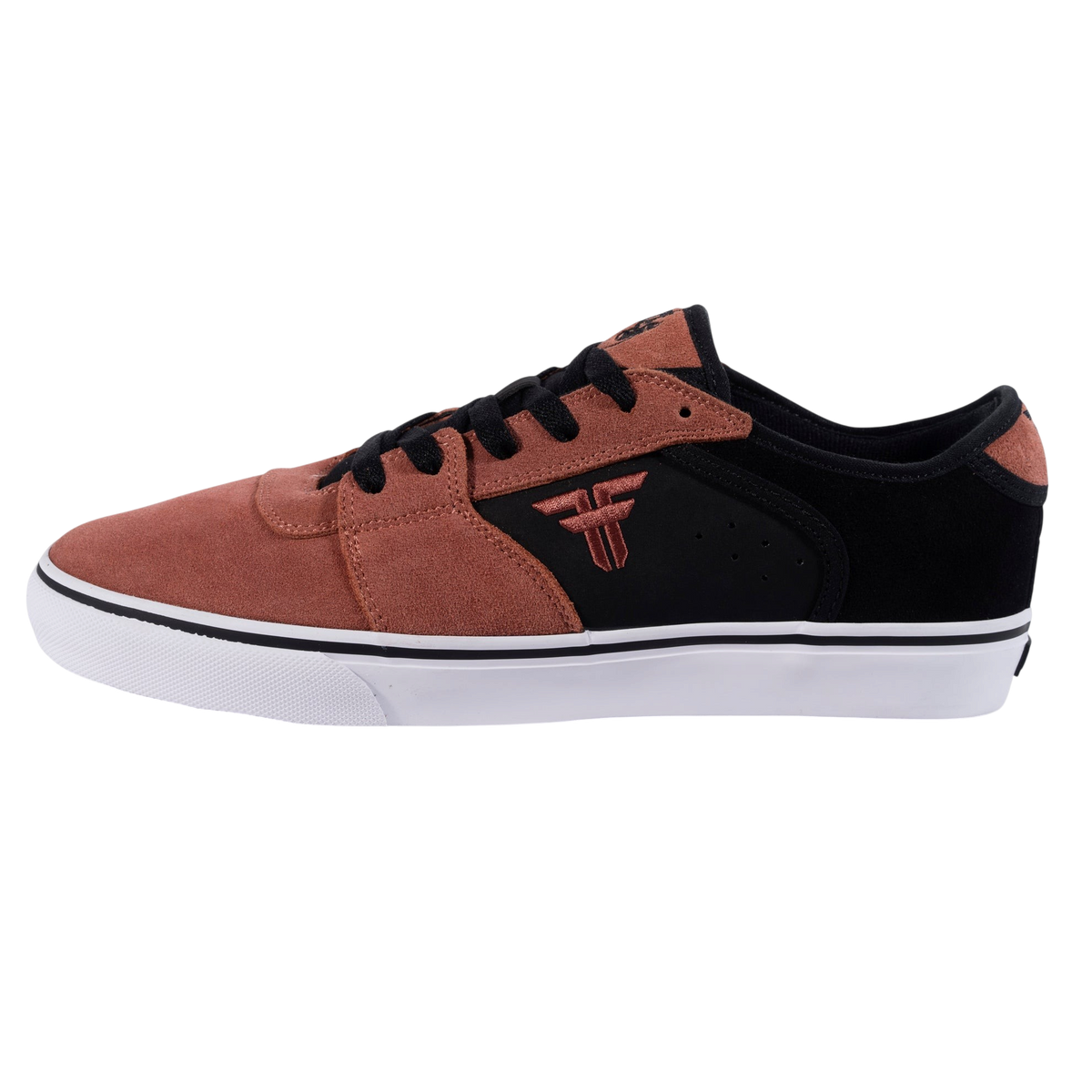 Fallen Footwear Mexico Regal vulcanized skate shoe in black and salmon suede with white sole and side logo detail
