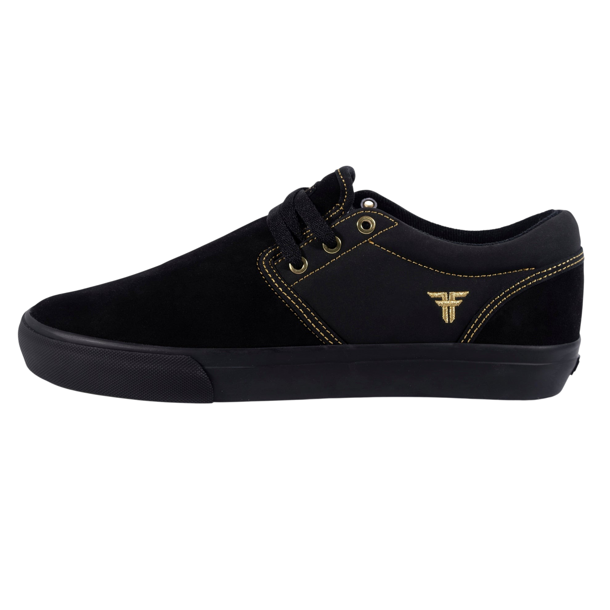 Fallen Footwear Mexico The Easy black suede skate shoe with gold stitching and side logo detail