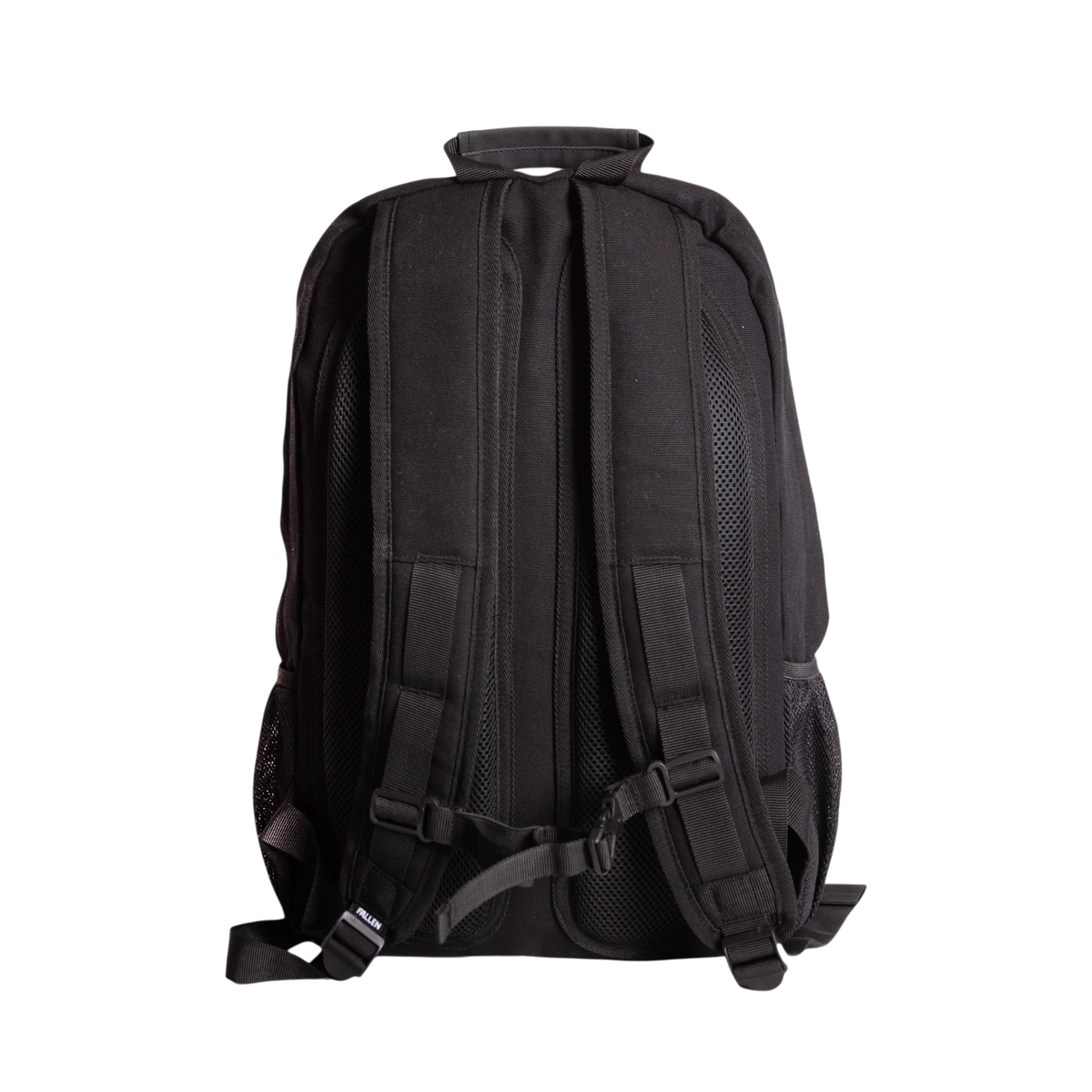 Fallen Footwear Mexico black board backpack with padded shoulder straps and mesh back panel, rear view.