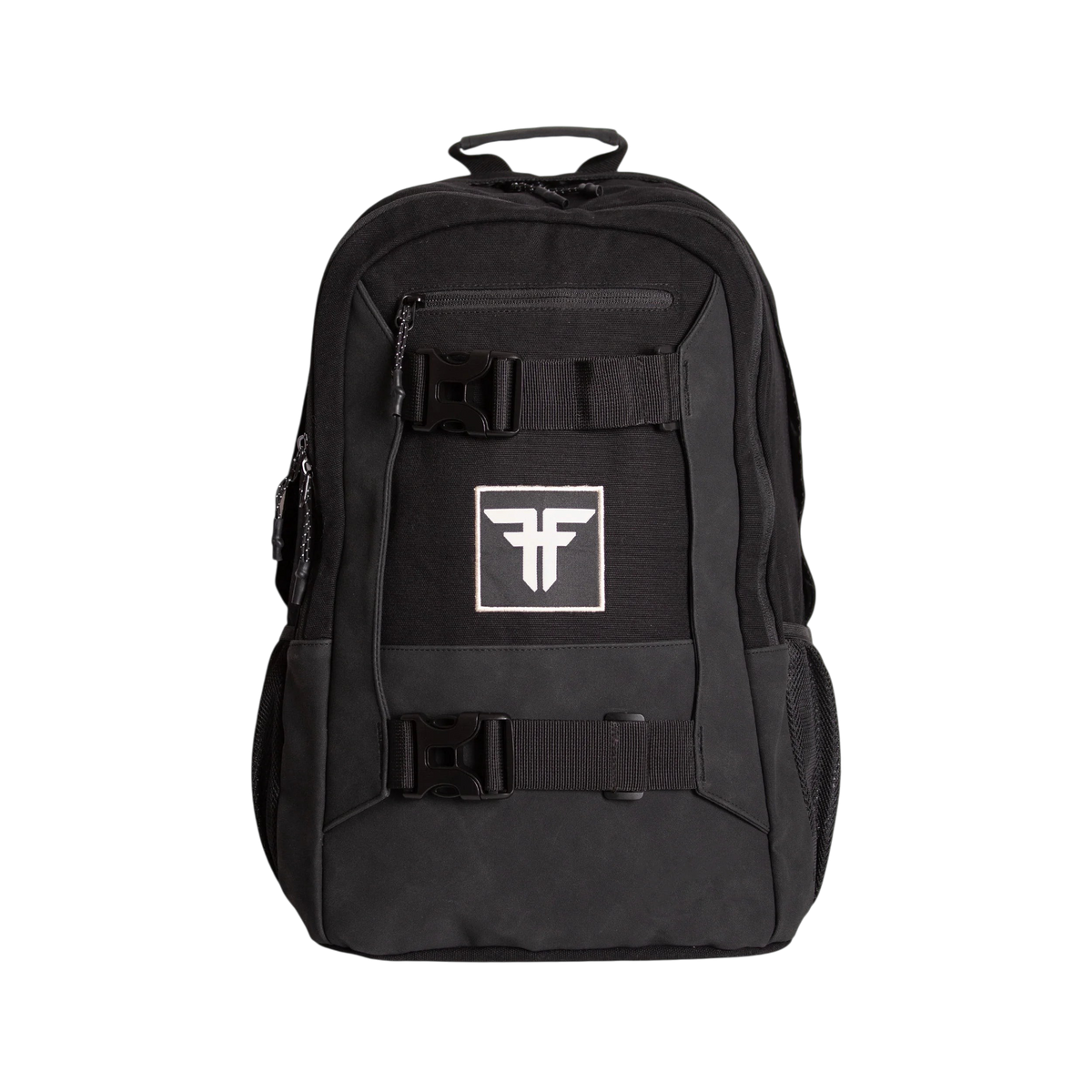 Fallen Footwear Mexico black board backpack with front skateboard straps and white logo patch on a white background