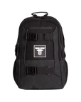 Fallen Footwear Mexico black board backpack with front skateboard straps and white logo patch on a white background