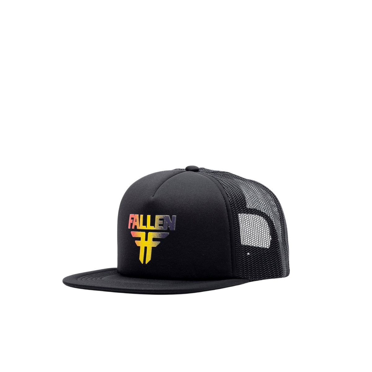 Fallen Footwear Mexico black 5-panel snapback hat with flat visor and 3D rainbow embroidered logo