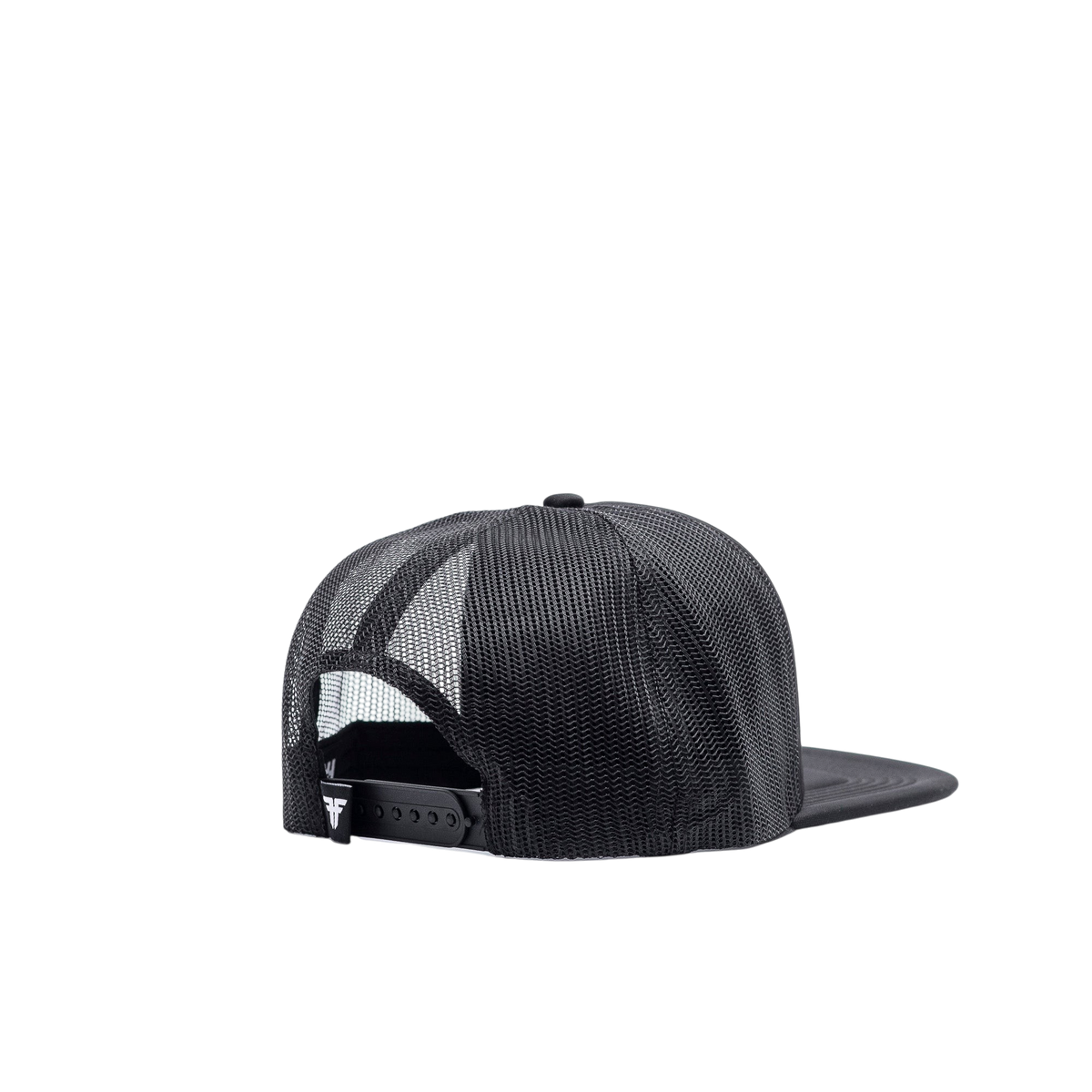 Fallen Footwear Mexico black snapback hat with mesh back and adjustable plastic strap, rear view