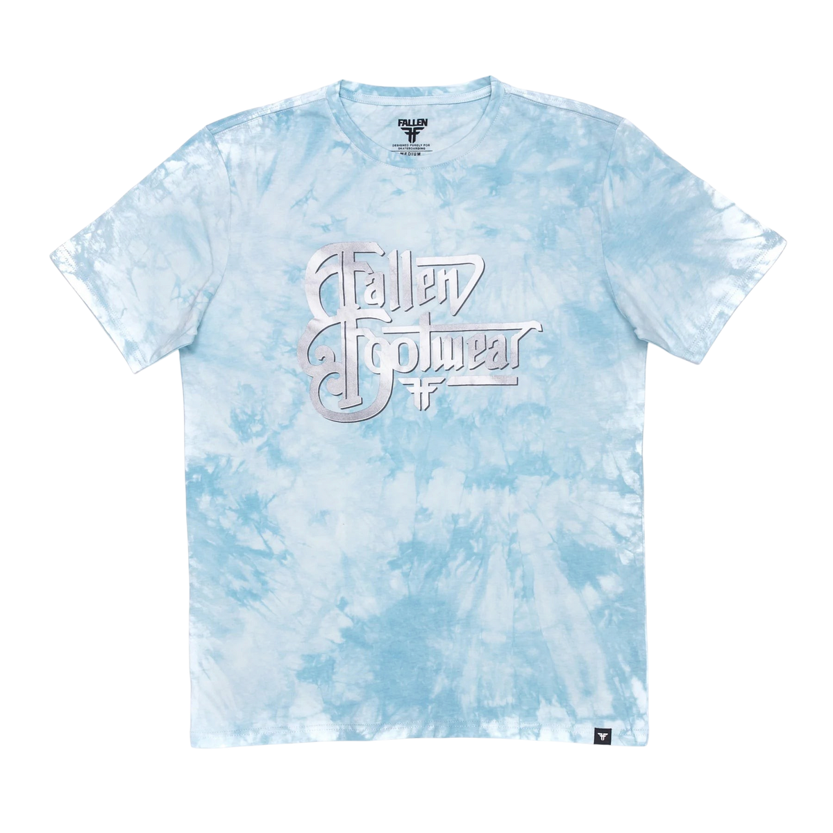 Fallen Footwear Mexico Celtic tee in blue and white tie-dye with a silver metallic logo graphic on the chest.