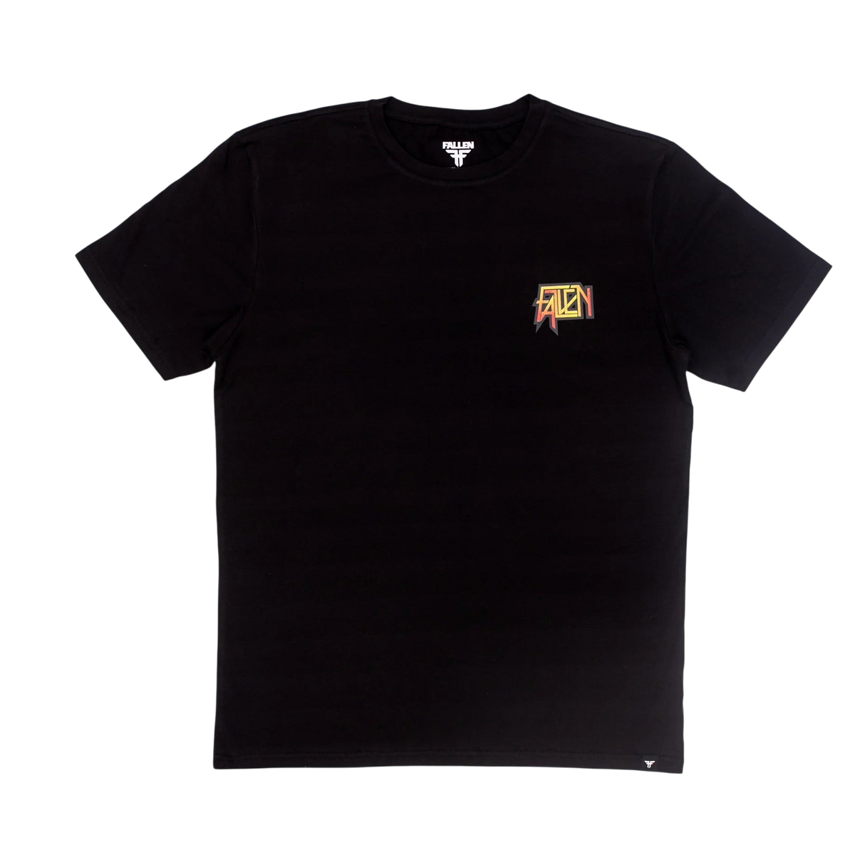 Fallen Footwear Mexico black cotton t-shirt with a small yellow and red graphic logo on the chest