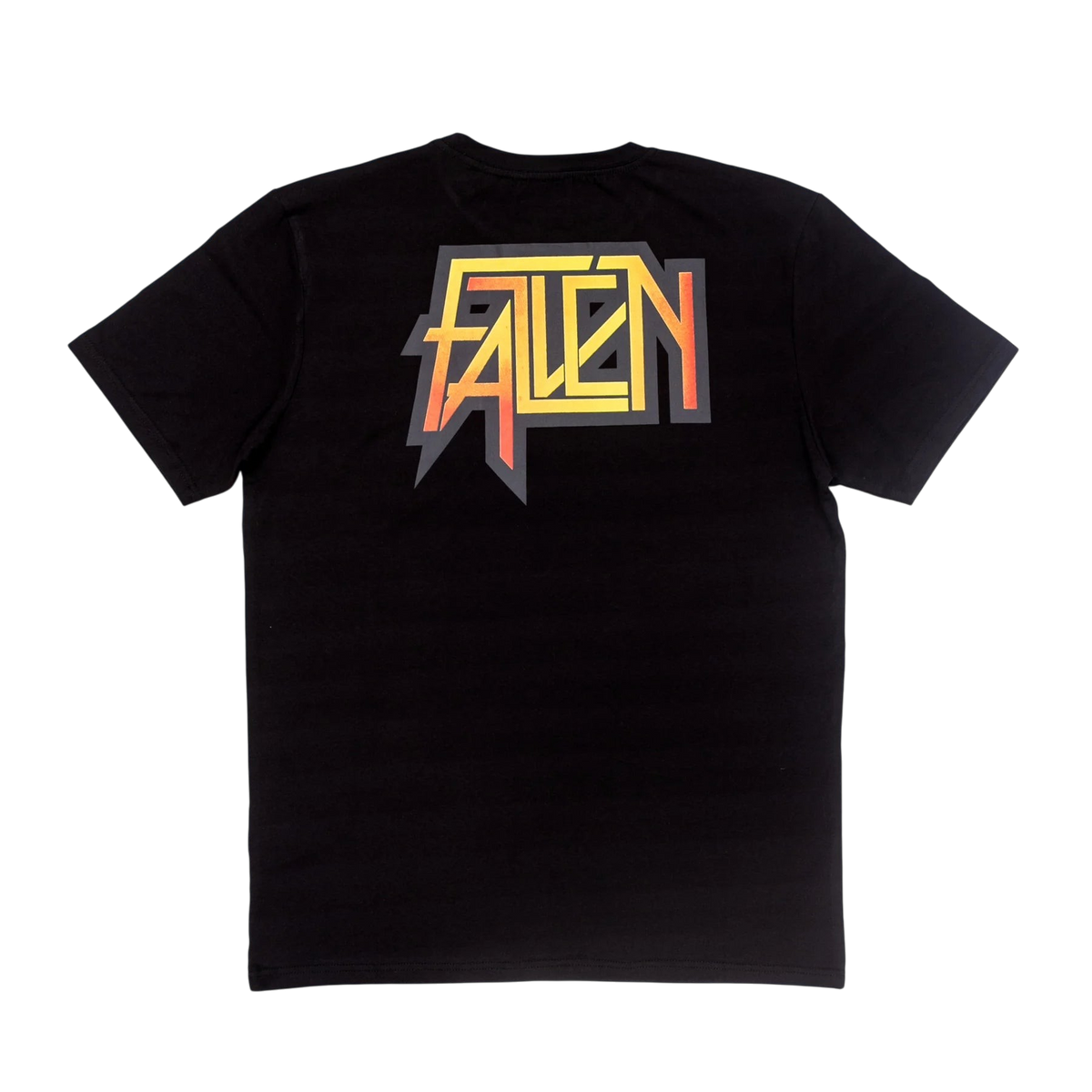 Fallen Footwear Mexico black cotton t-shirt with a yellow and orange graphic logo print on the back