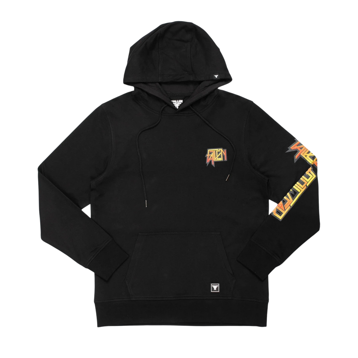 Fallen Footwear Mexico black pullover hoodie with yellow and orange graphic logo on chest and sleeve