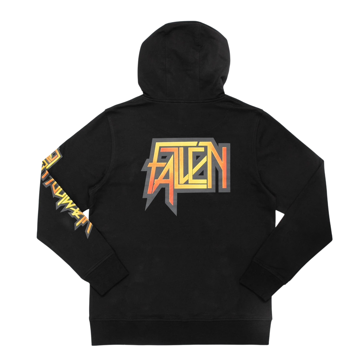 Back view of Fallen Footwear Mexico black hoodie with yellow and orange graphic logo on the back and sleeve