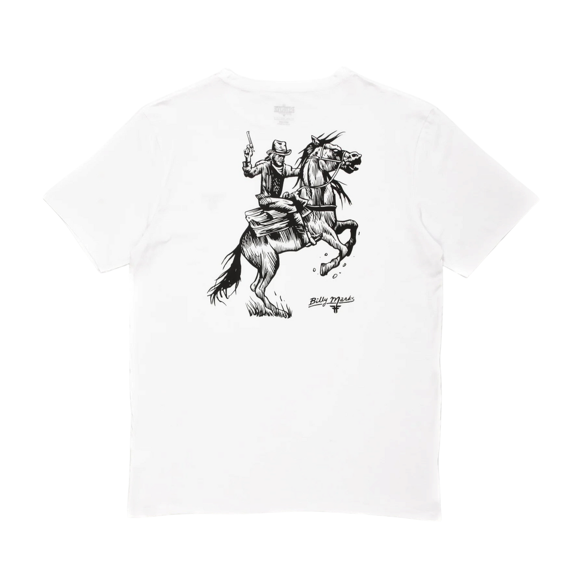 Fallen Footwear Mexico white t-shirt featuring a black graphic of a cowboy on a horse by Billy Marks on the back