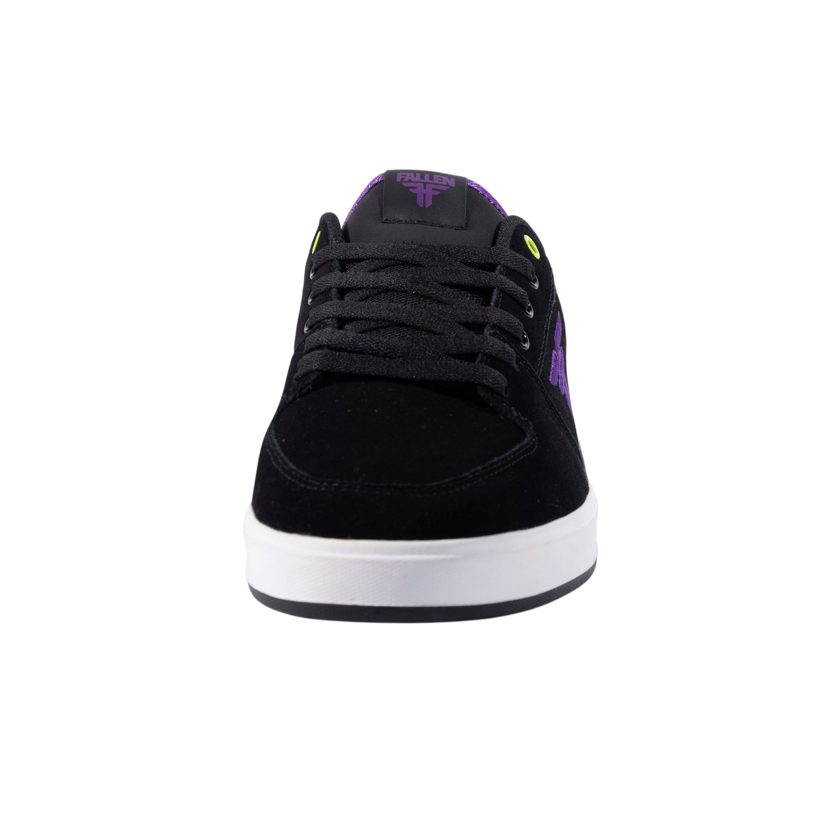 Fallen Footwear Mexico Patriot black suede skate shoes with purple logo and neon green eyelets, front view.