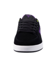 Fallen Footwear Mexico Patriot black suede skate shoes with purple logo and neon green eyelets, front view.
